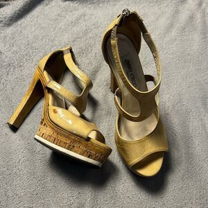 Jimmy Choo Platform Heels Women 37 Tan Patent Leather Cork Wood Heel Italy